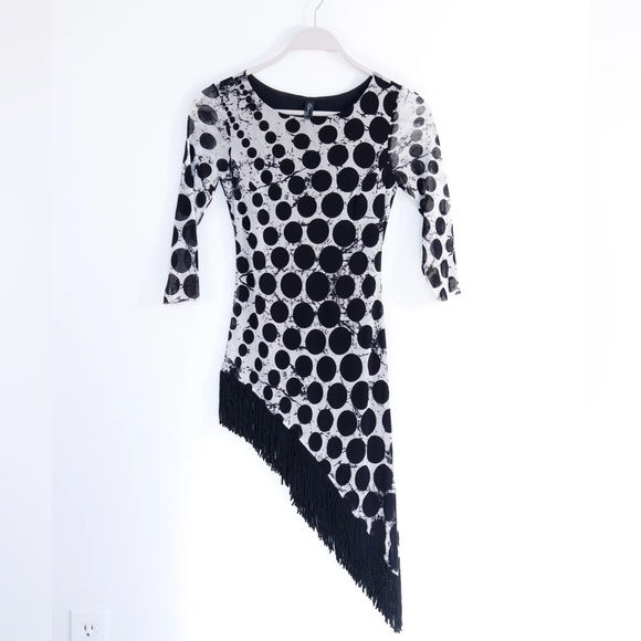 VINTAGE black and white POLKA DOT AND FRINGE ASYMMETRICAL DRESS - X-SMALL - Picture 1 of 8
